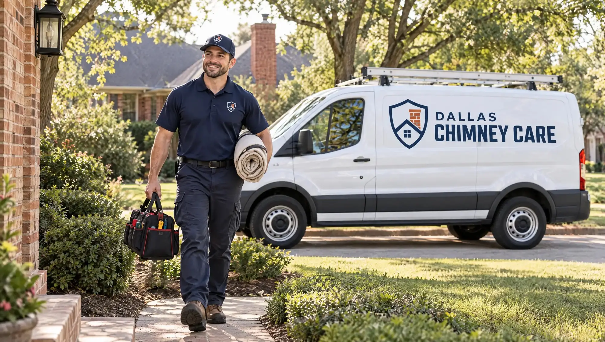 Dallas Chimney Care technician walking up to a Dallas home with a tool bag and drop cloth