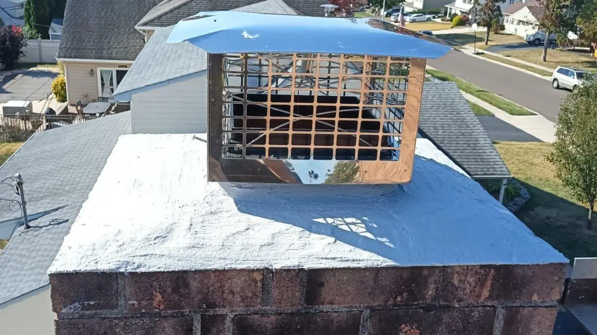 Chimney cap with a steel mesh screen that keeps chimney swifts and other animals out