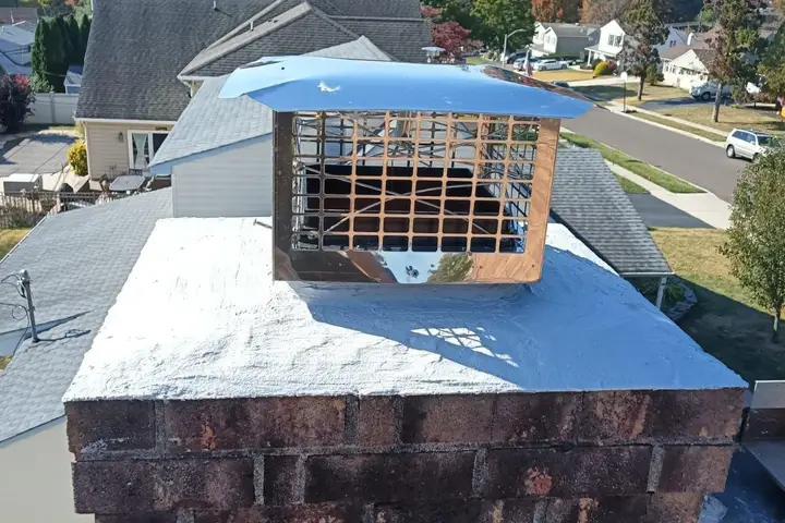 Chimney cap with a steel mesh animal guard on a brick chimney