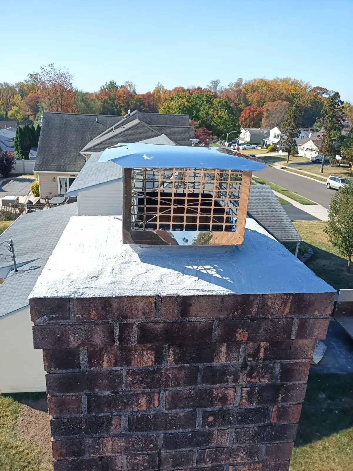 Chimney cap with a steel mesh animal guard on a brick chimney