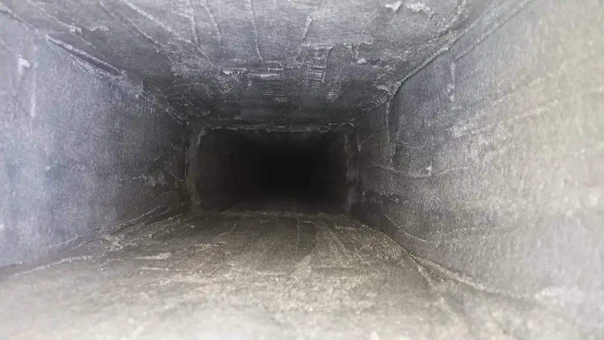 Inside of a sooty chimney flue seen during a camera inspection in Dallas