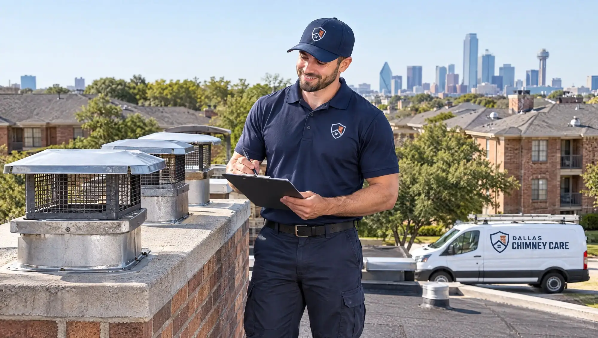 Dallas Chimney Care technician inspecting flue caps on the roof of a commercial building