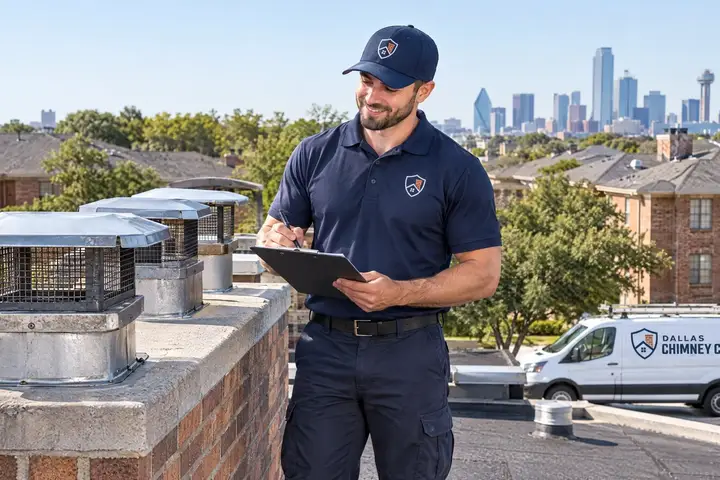 Dallas Chimney Care technician inspecting flue caps on the roof of a commercial building