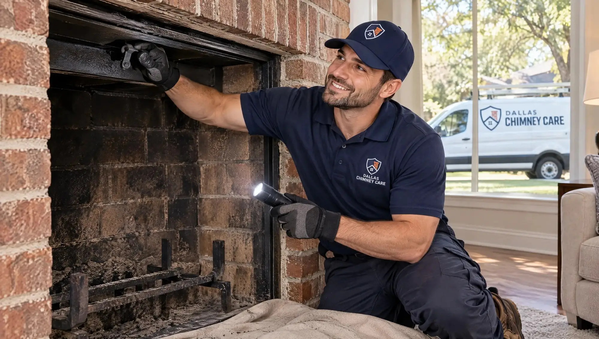 Dallas Chimney Care technician checking a fireplace damper