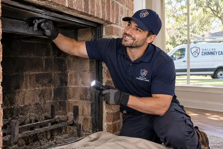 Dallas Chimney Care technician checking a fireplace damper
