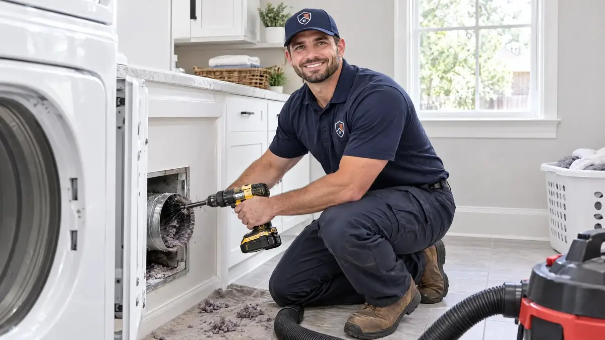 Dallas Chimney Care technician cleaning a dryer vent duct in a Dallas laundry room