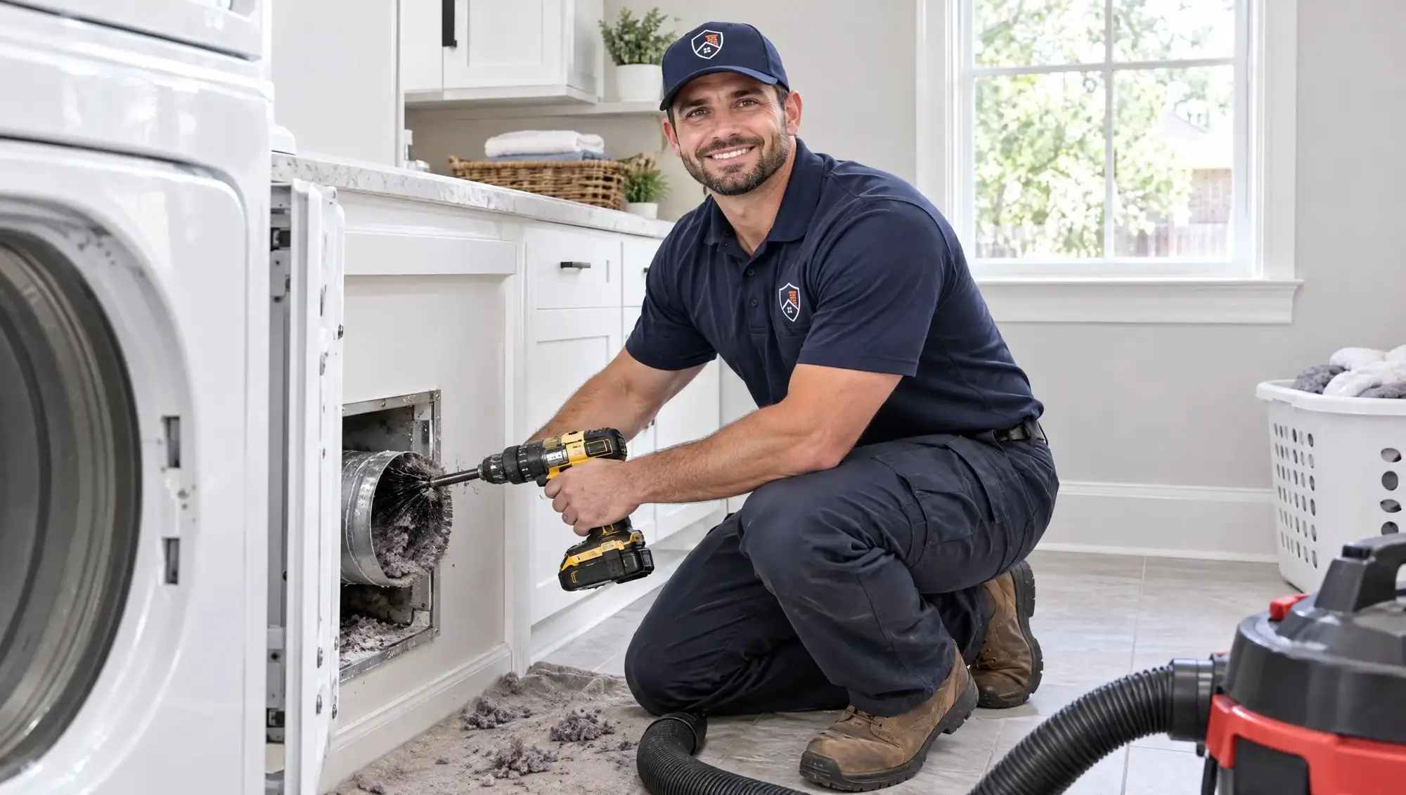 Dallas Chimney Care technician cleaning a dryer vent in a Dallas laundry room