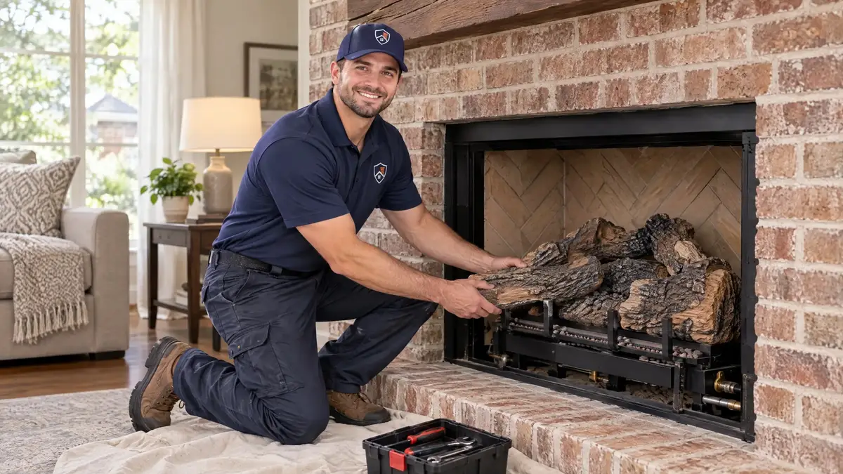Dallas Chimney Care technician working on a gas log fireplace in a Dallas living room
