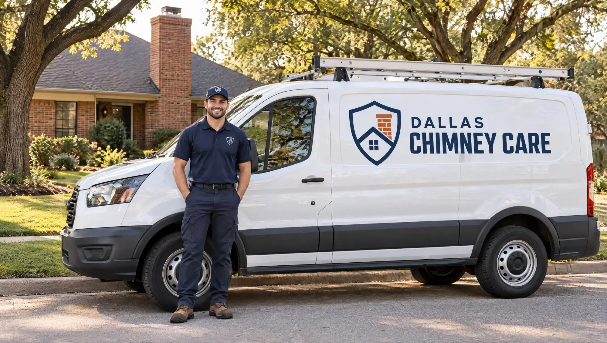 Dallas Chimney Care technician standing next to the company van in Dallas