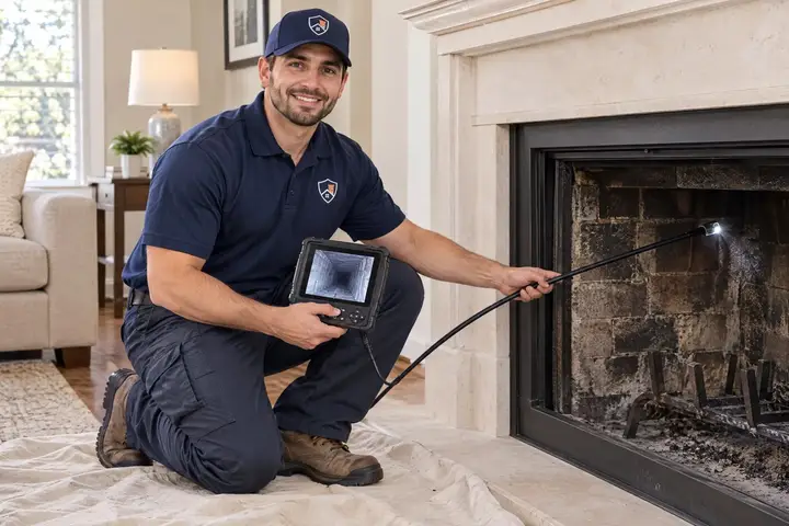 Dallas Chimney Care technician running a camera chimney inspection in Dallas, TX