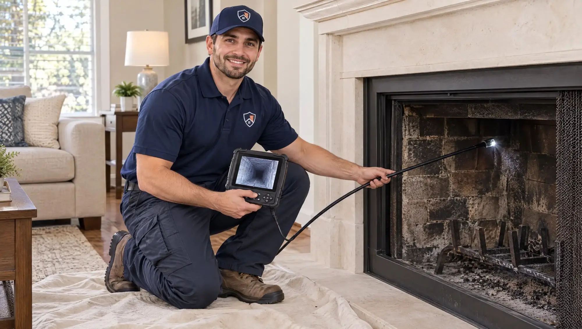 Dallas Chimney Care technician running a camera chimney inspection in Dallas, TX