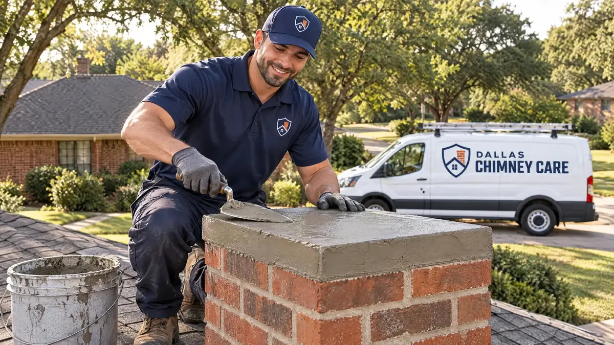 Dallas Chimney Care technician sealing a chimney crown on a Dallas roof to stop a leak