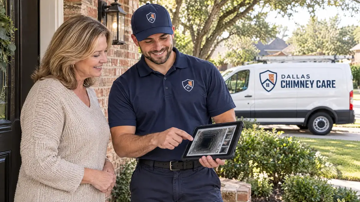 Dallas Chimney Care technician going over a chimney inspection photo report with a Dallas homeowner
