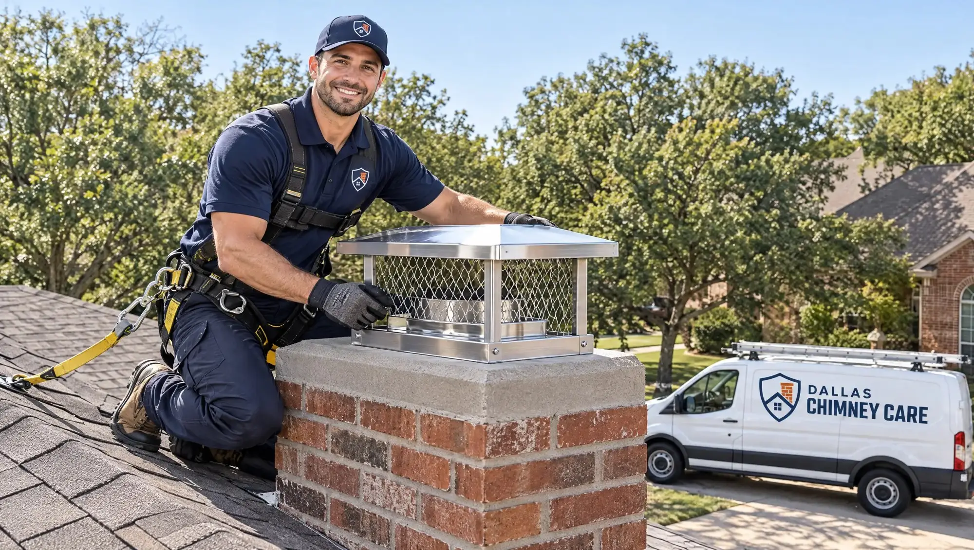 Dallas Chimney Care technician installing a chimney cap on a Dallas roof