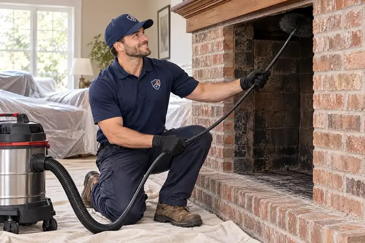 Dallas Chimney Care technician sweeping a brick fireplace chimney in a Dallas home