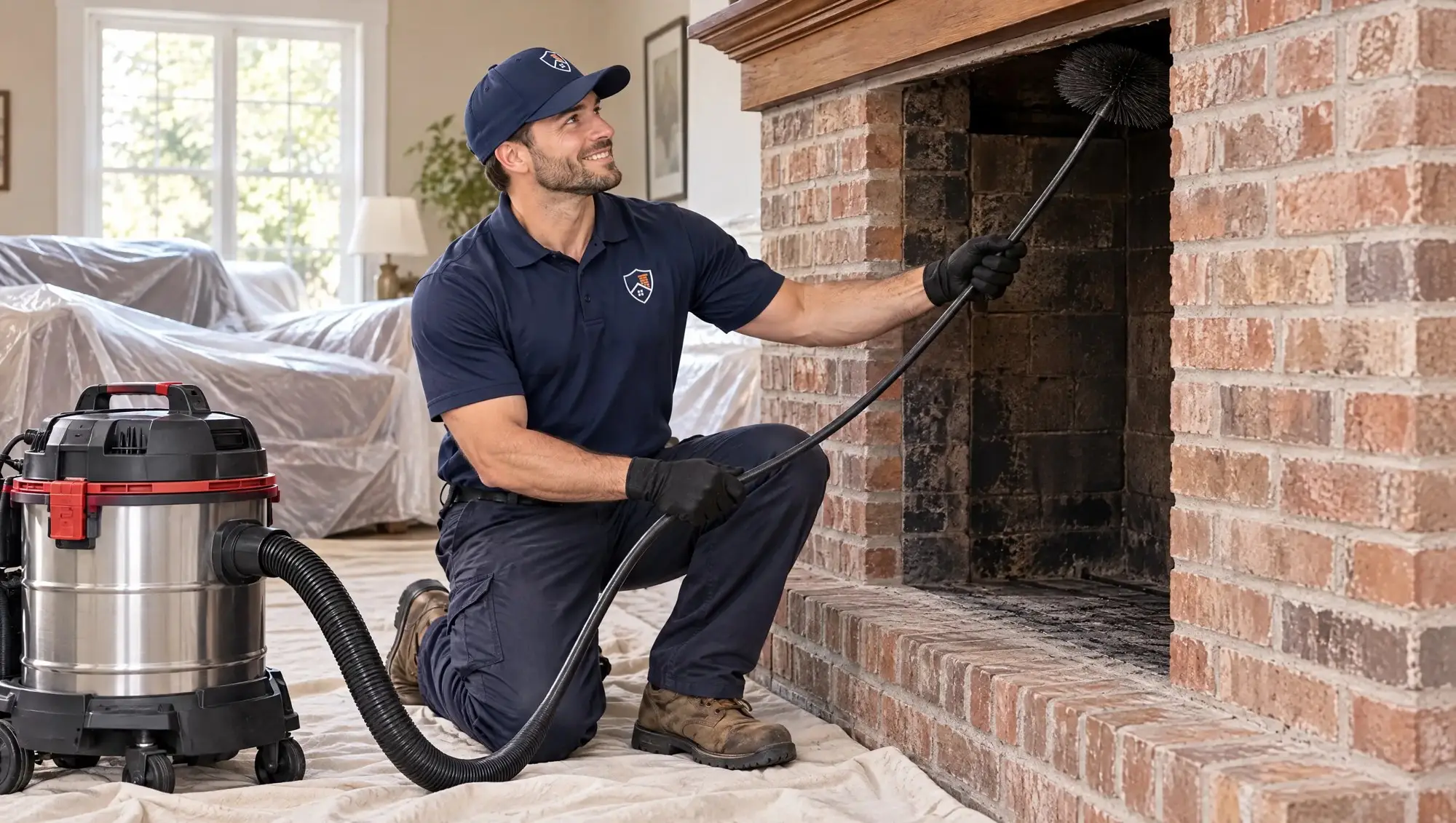 Dallas Chimney Care technician sweeping a brick fireplace chimney in a Dallas home