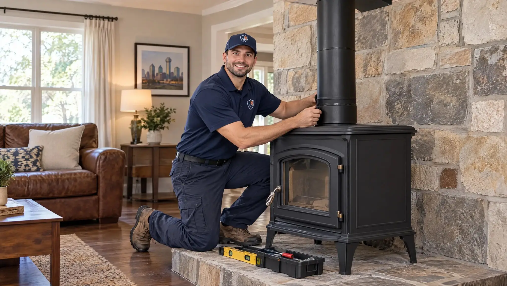 Dallas Chimney Care technician installing a wood stove and stove pipe