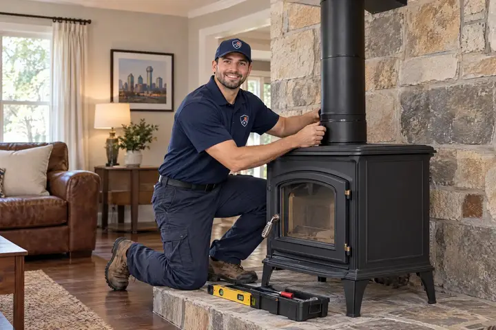 Dallas Chimney Care technician installing a wood stove and stove pipe